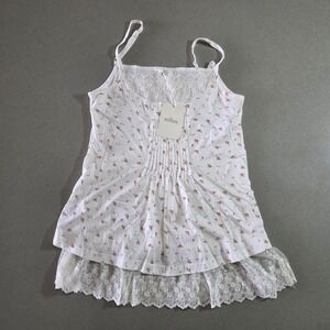 Millau Women Floral Lace Trim Cotton Camisole Tank Top White Pink Small NWT
